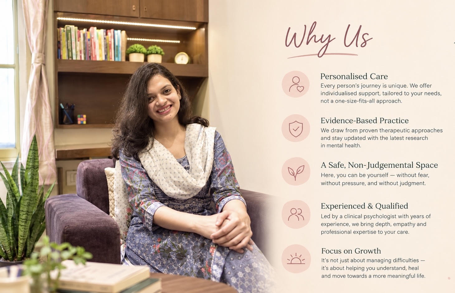 Clinical Psychologist Shreshtha Dhar at Thought Craft, highlighting a warm, professional and client-centred approach to mental health care in Kolkata.