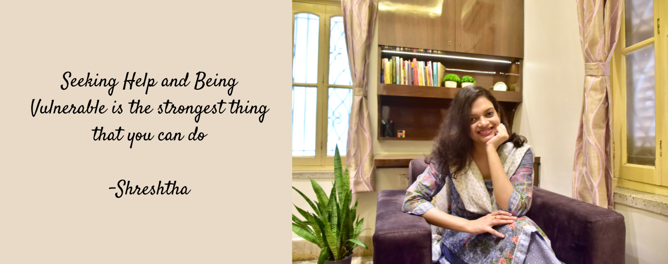 Portrait of Shreshtha Dhar, clinical psychologist, a quote about mental health and seeking help